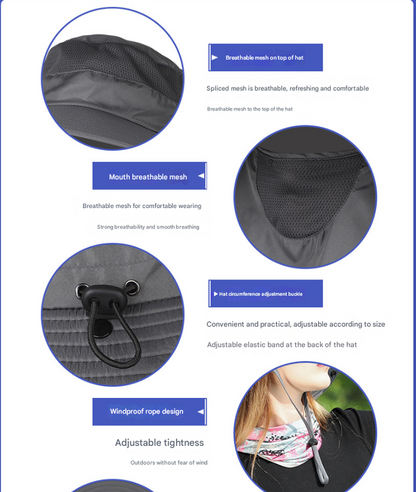 Black Wide Brim Sun Protection Hat with Face Shield - Adjustable for Ultimate UV Protection V888-ELOSUNG16593