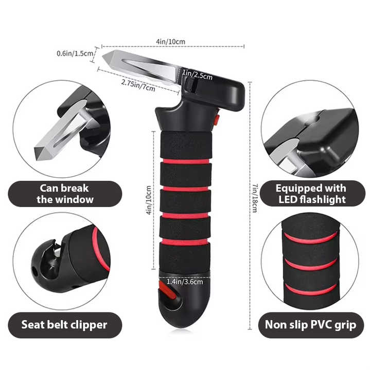 Red Emergency Car Window Breaker Tool with LED Flashlight - Compact, Safety & Multi-Purpose V888-ELOSUNG16609