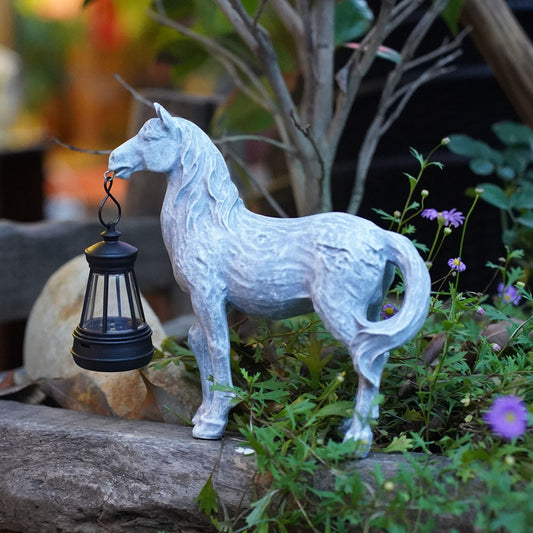 Grey Solar-Powered Horse Statue with LED Lantern - Rustic Outdoor Garden Ornament V888-ELOSUNG16737