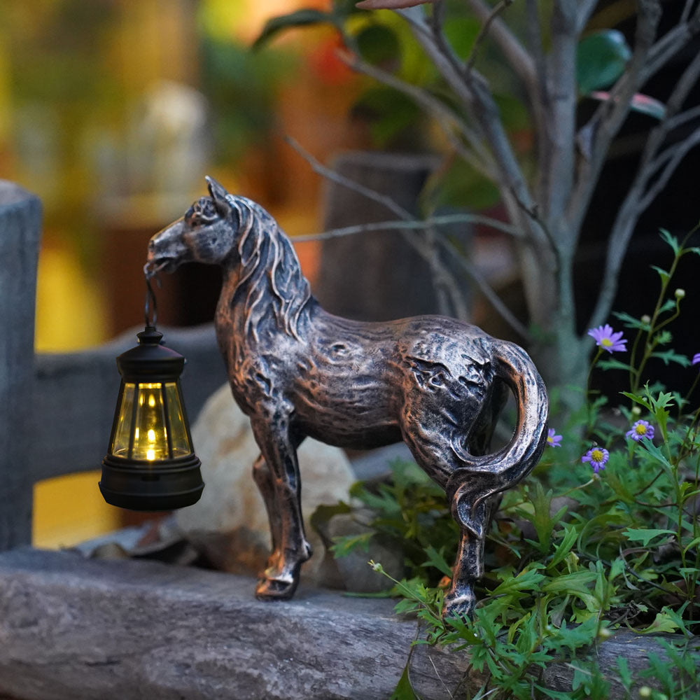 Brown Solar-Powered Horse Statue with LED Lantern - Rustic Outdoor Garden Ornament V888-ELOSUNG16738