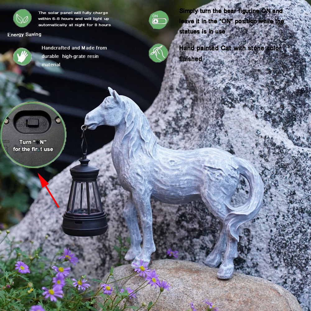 Brown Solar-Powered Horse Statue with LED Lantern - Rustic Outdoor Garden Ornament V888-ELOSUNG16738
