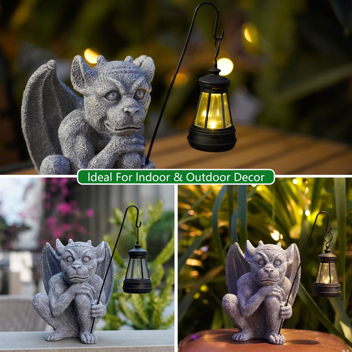 Solar-Powered Gargoyle Statue with LED Lantern - Gothic Outdoor Halloween Garden Decor V888-ELOSUNG16745