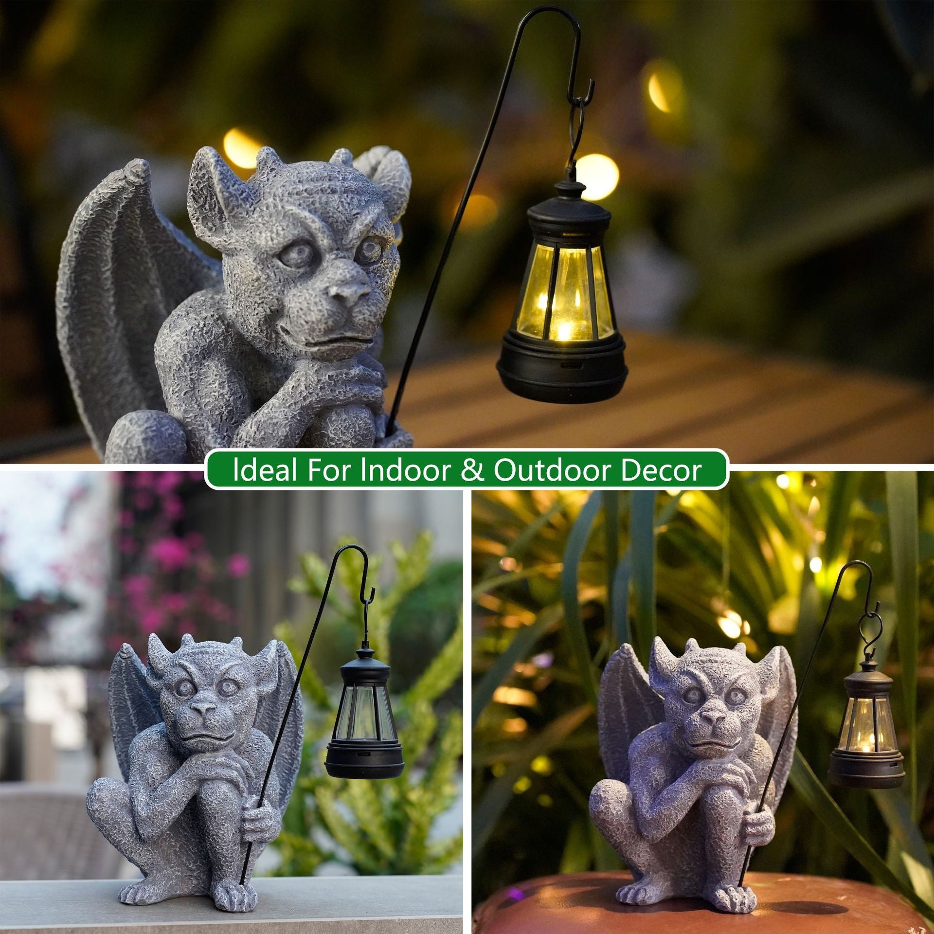 Solar-Powered Gargoyle Statue with LED Lantern - Gothic Outdoor Halloween Garden Decor V888-ELOSUNG16745