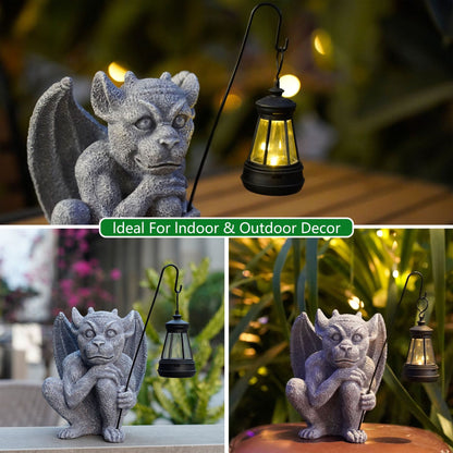 Solar-Powered Gargoyle Statue with LED Lantern - Gothic Outdoor Halloween Garden Decor V888-ELOSUNG16745