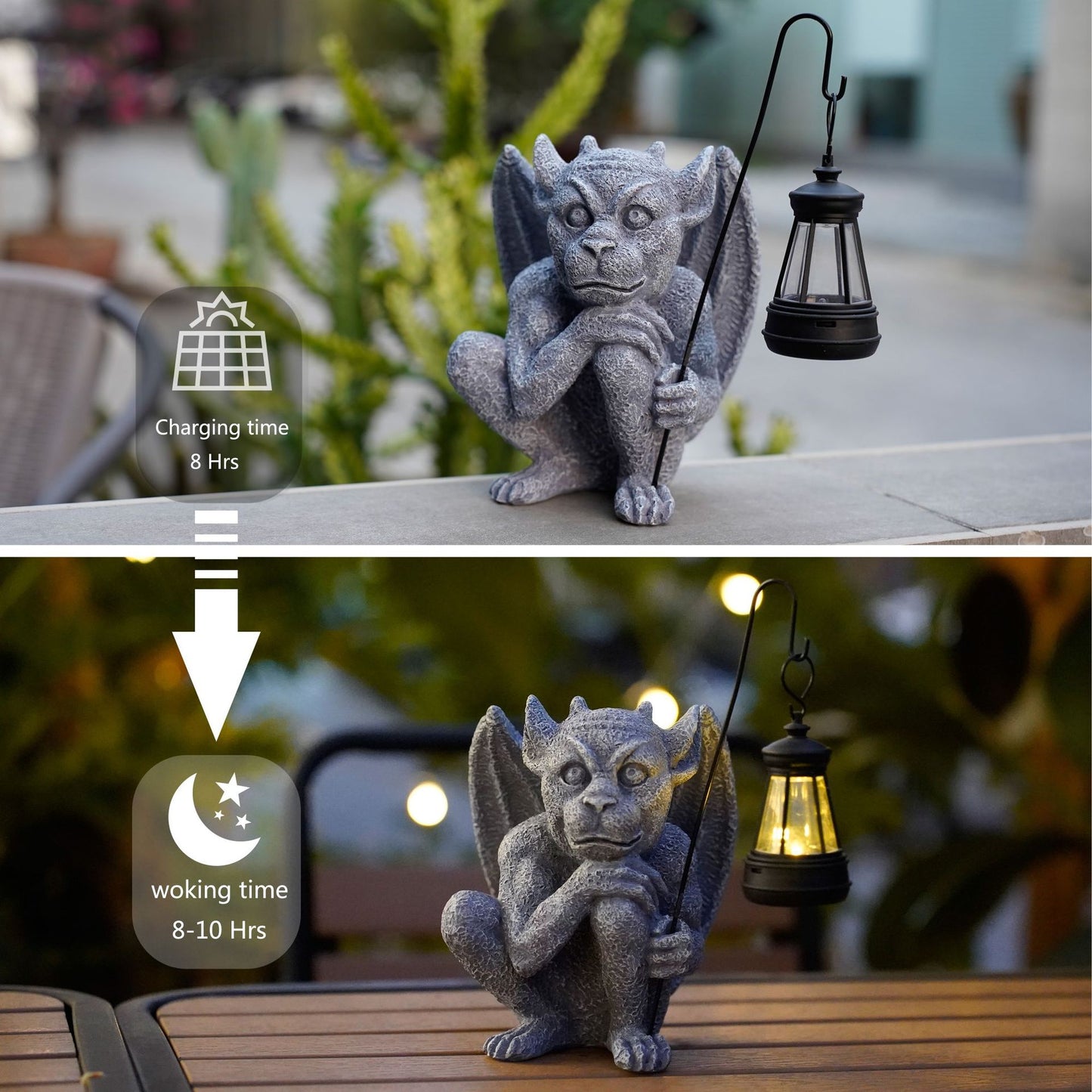 Solar-Powered Gargoyle Statue with LED Lantern - Gothic Outdoor Halloween Garden Decor V888-ELOSUNG16745