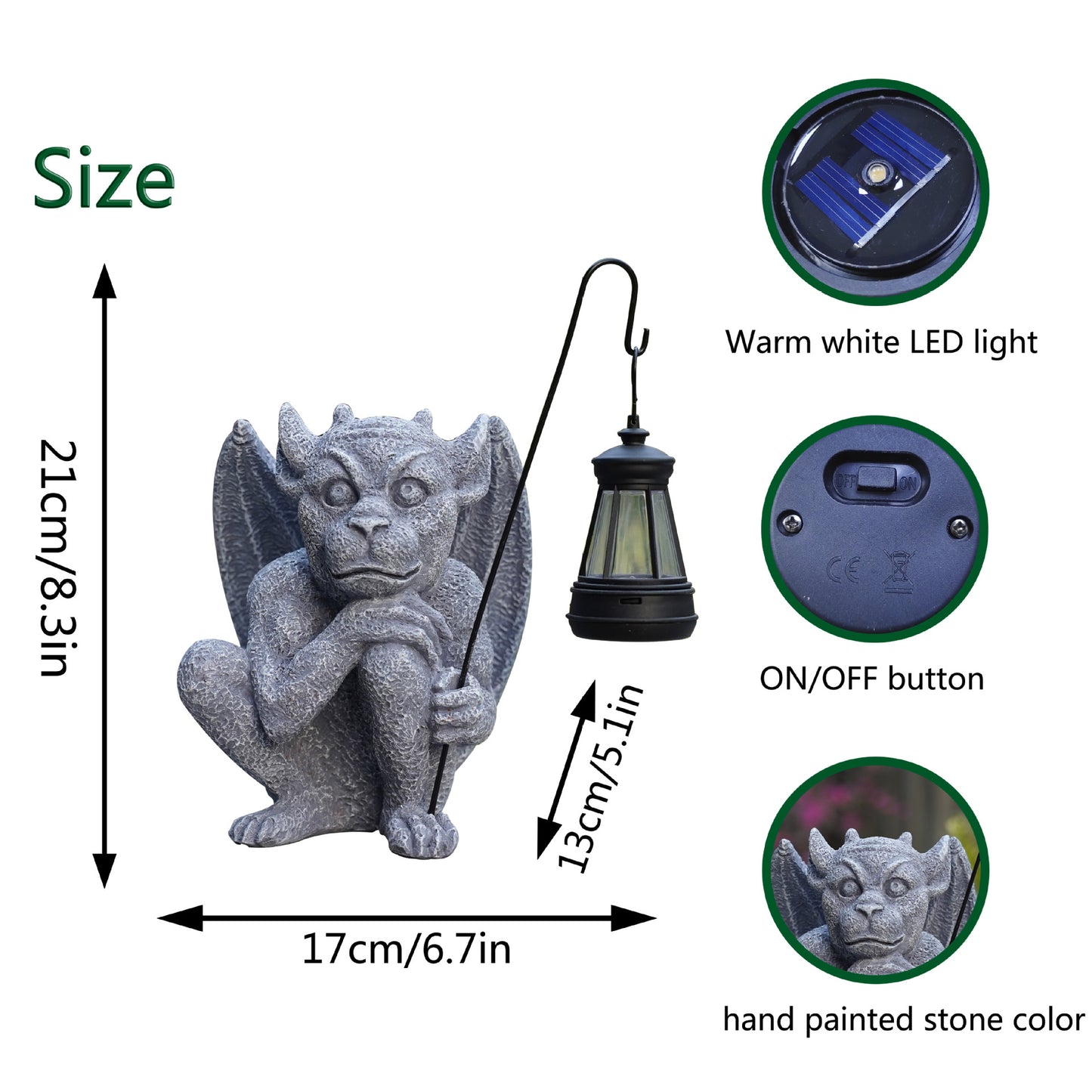 Solar-Powered Gargoyle Statue with LED Lantern - Gothic Outdoor Halloween Garden Decor V888-ELOSUNG16745