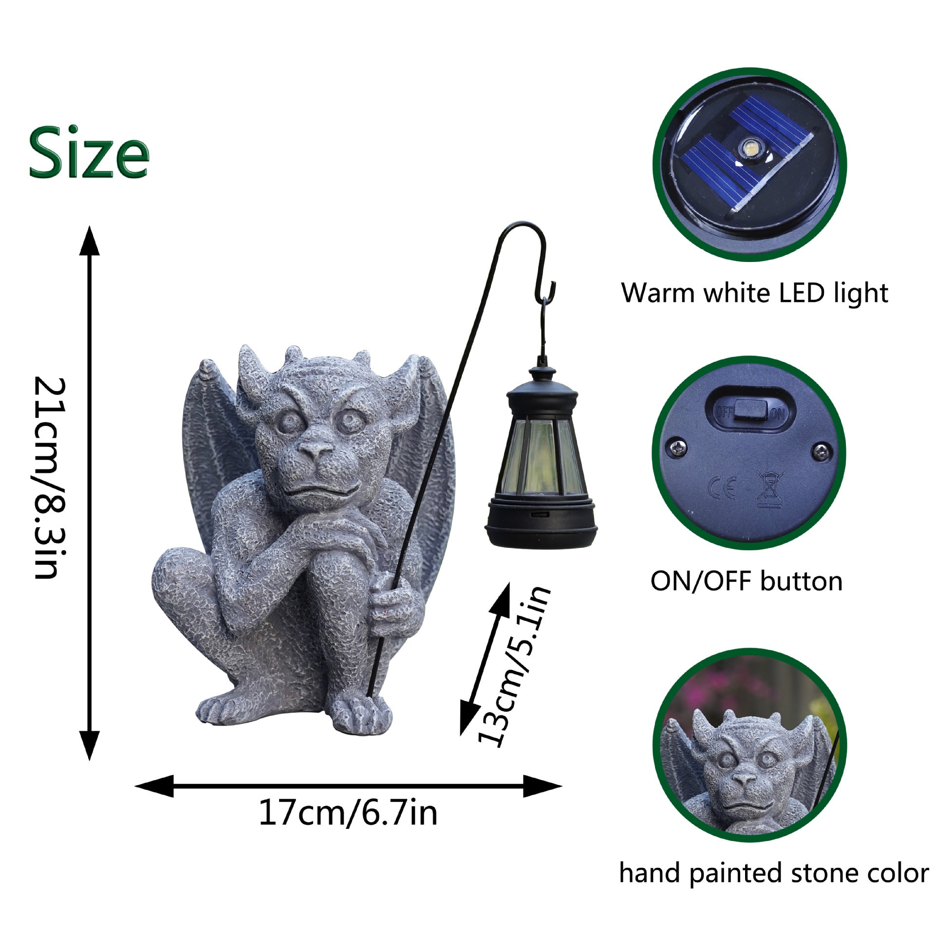 Solar-Powered Gargoyle Statue with LED Lantern - Gothic Outdoor Halloween Garden Decor V888-ELOSUNG16745