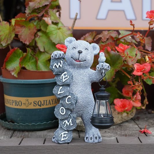 Solar-Powered Welcome Bear Statue with LED Lantern - Outdoor Garden & Patio Decor V888-ELOSUNG16747