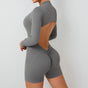 M Grey Backless Scrunch Butt Workout Jumpsuit - Long-Sleeve Open-Back Yoga Romper V888-ELOSUNG16877