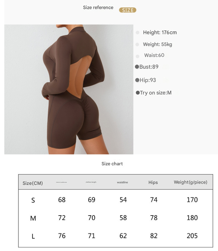 M Grey Backless Scrunch Butt Workout Jumpsuit - Long-Sleeve Open-Back Yoga Romper V888-ELOSUNG16877