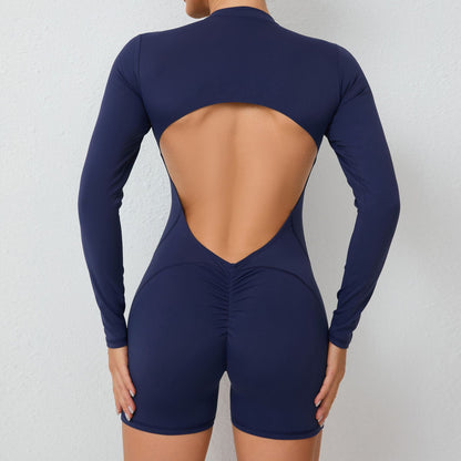 S Purple Backless Scrunch Butt Workout Jumpsuit - Long-Sleeve Open-Back Yoga Romper V888-ELOSUNG16897