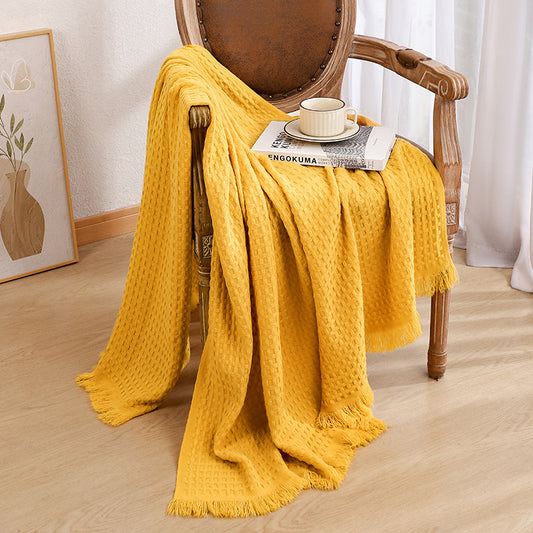 130*230CM Bright Yellow Nordic Solid Color Knitted Sofa Throw Blanket with Tassels - Waffle Weave Polyester V888-ELOSUNG17042