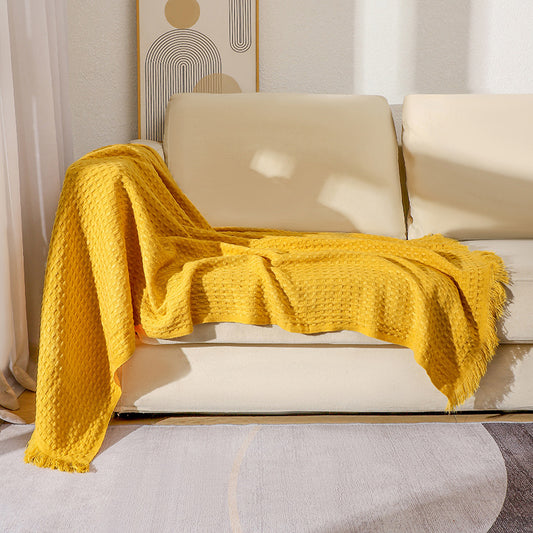 130*230CM Bright Yellow Nordic Solid Color Knitted Sofa Throw Blanket with Tassels - Waffle Weave Polyester V888-ELOSUNG17042