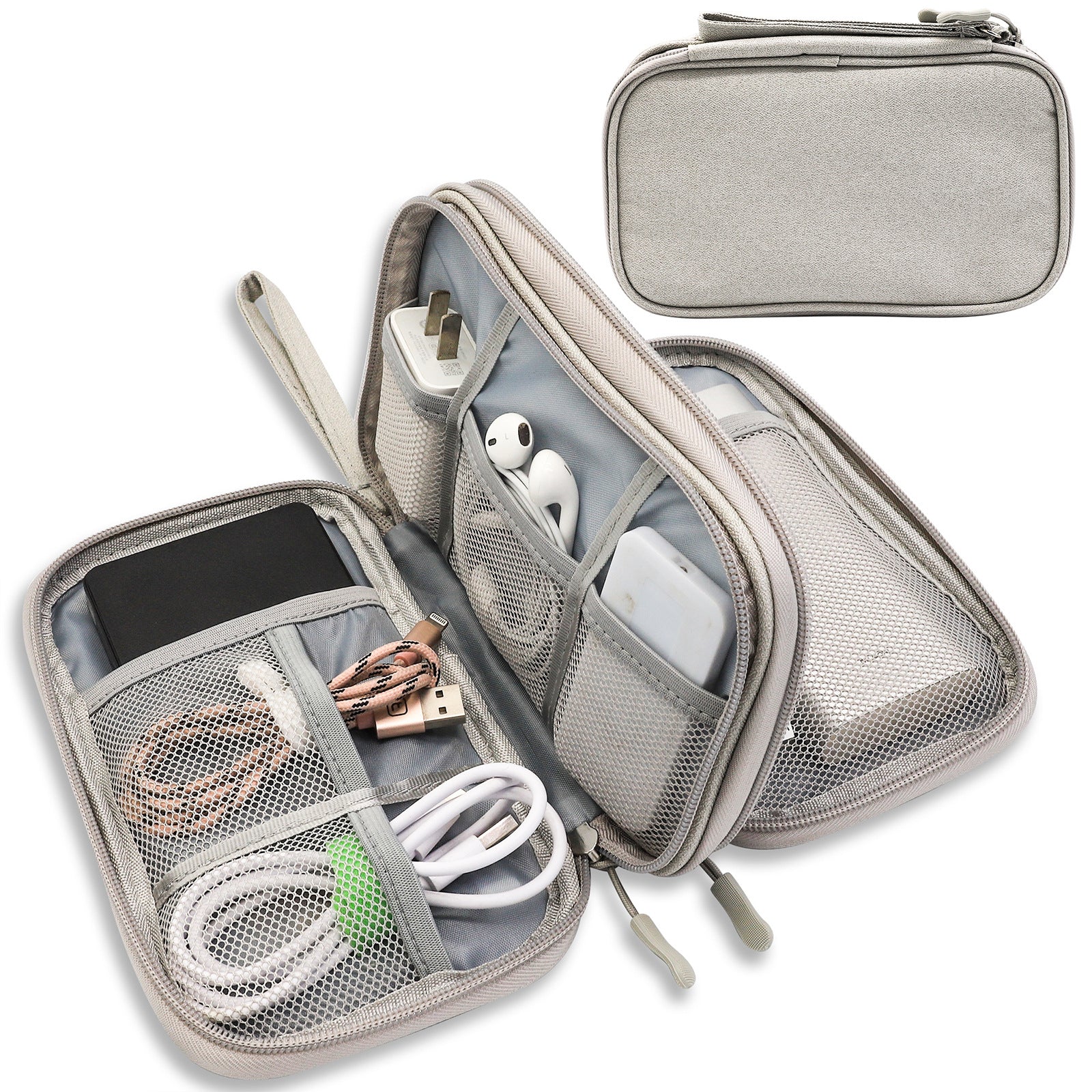 Grey Portable Digital Organizer Bag - Multifunctional Storage for Power Banks, Cables, and V888-ELOSUNG17062