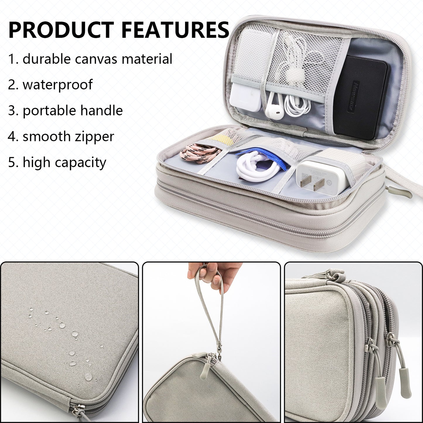 Grey Portable Digital Organizer Bag - Multifunctional Storage for Power Banks, Cables, and V888-ELOSUNG17062