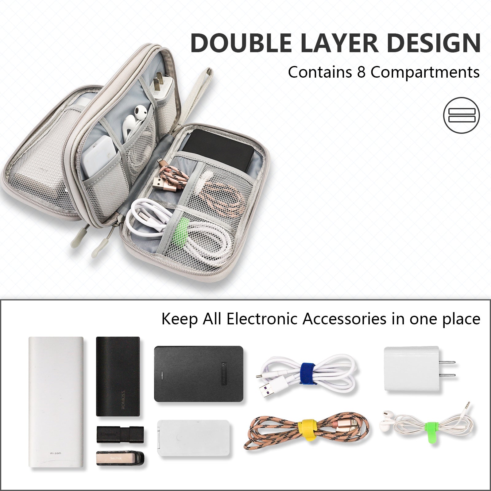 Grey Portable Digital Organizer Bag - Multifunctional Storage for Power Banks, Cables, and V888-ELOSUNG17062
