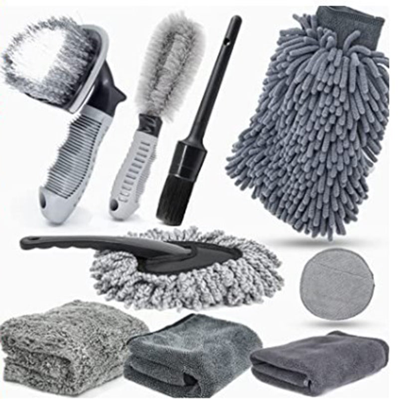 Type B 9-Piece Car Wash Tool Kit - Tire & Wheel Brushes, Wash Mitt, Microfiber Towels, and Wax Sponge Set V888-ELOSUNG17072