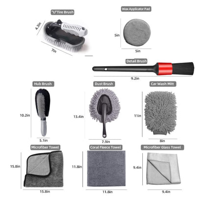 Type B 9-Piece Car Wash Tool Kit - Tire & Wheel Brushes, Wash Mitt, Microfiber Towels, and Wax Sponge Set V888-ELOSUNG17072