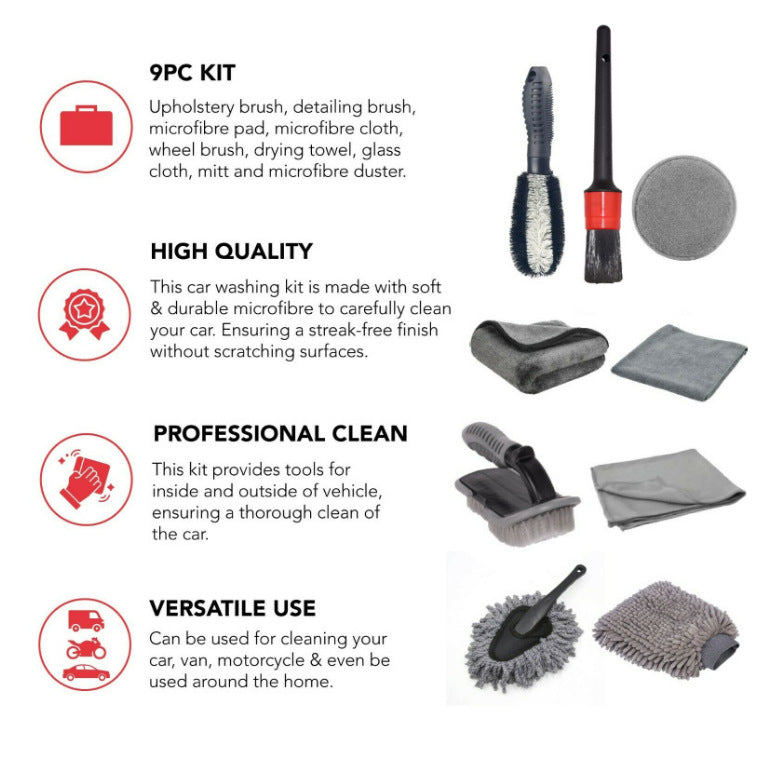 Type B 9-Piece Car Wash Tool Kit - Tire & Wheel Brushes, Wash Mitt, Microfiber Towels, and Wax Sponge Set V888-ELOSUNG17072