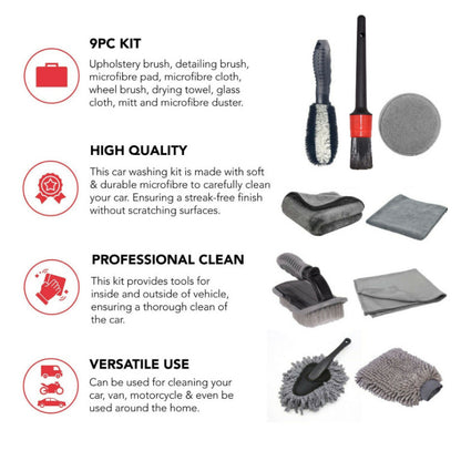 Type B 9-Piece Car Wash Tool Kit - Tire & Wheel Brushes, Wash Mitt, Microfiber Towels, and Wax Sponge Set V888-ELOSUNG17072