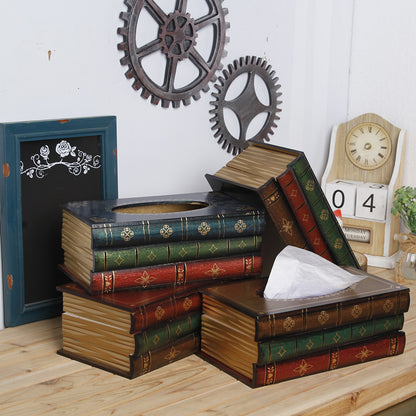 1 Piece Dark Blue Vintage Wooden Tissue Box - Creative Book-Shaped Tissue Holder for Home and Restaurant V888-ELOSUNG17093