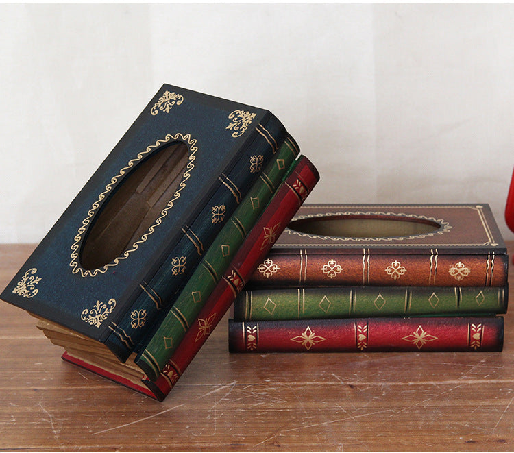 1 Piece Dark Blue Vintage Wooden Tissue Box - Creative Book-Shaped Tissue Holder for Home and Restaurant V888-ELOSUNG17093