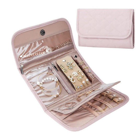 Pink Portable Travel Jewelry Organizer Roll - Foldable Jewelry Storage Pouch for Earrings, Rings, and V888-ELOSUNG17110