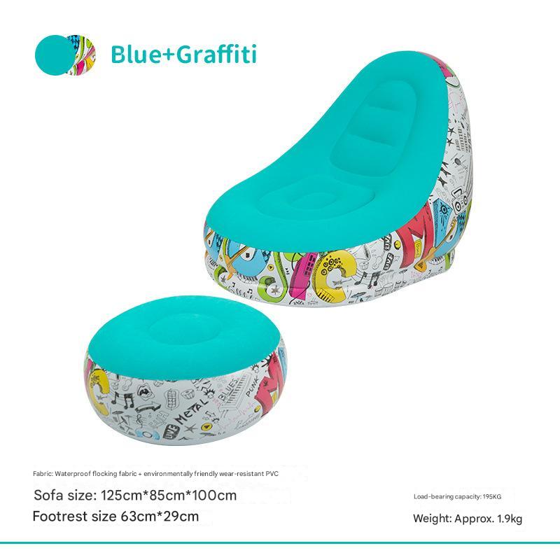 Blue Graffiti Portable Inflatable Sofa Chair with Ottoman - Waterproof Flocked Lazy Sofa for Camping and Home V888-ELOSUNG17116