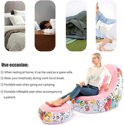Blue Graffiti Portable Inflatable Sofa Chair with Ottoman - Waterproof Flocked Lazy Sofa for Camping and Home V888-ELOSUNG17116