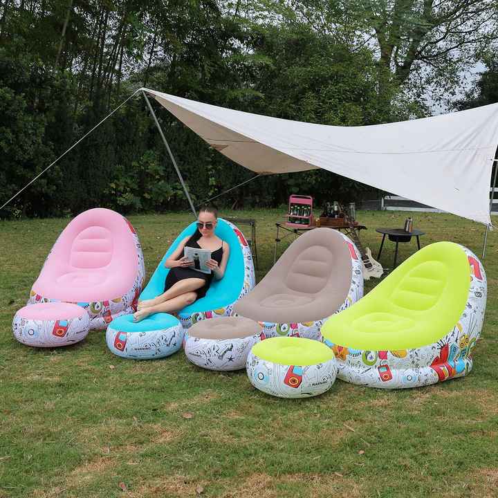 Blue Graffiti Portable Inflatable Sofa Chair with Ottoman - Waterproof Flocked Lazy Sofa for Camping and Home V888-ELOSUNG17116