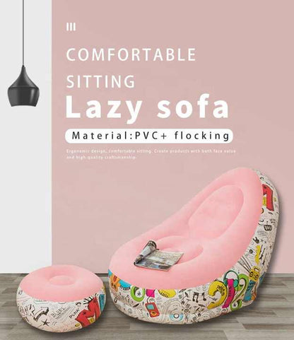 Blue Graffiti Portable Inflatable Sofa Chair with Ottoman - Waterproof Flocked Lazy Sofa for Camping and Home V888-ELOSUNG17116