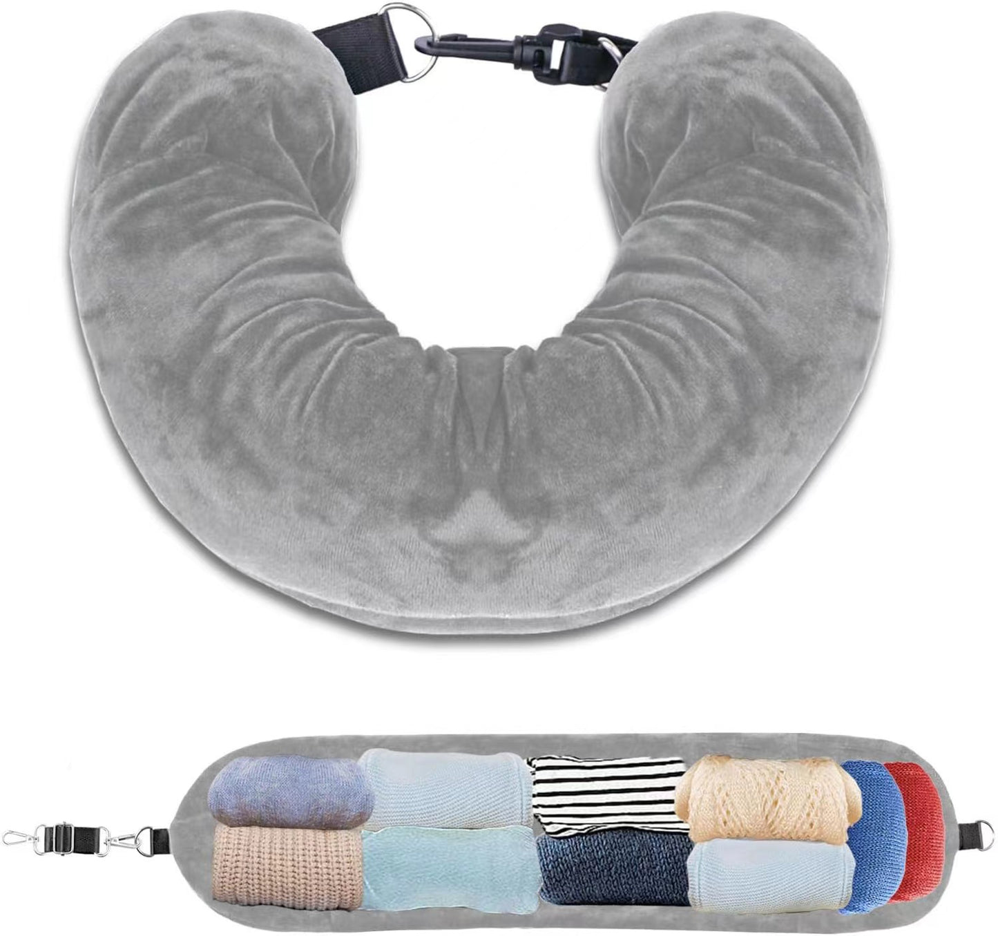 Grey Suede Portable Refillable Travel Neck Pillow with Storage Bag -Lightweight and Compact for Airplane, V888-ELOSUNG17216
