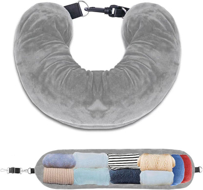 Grey Suede Portable Refillable Travel Neck Pillow with Storage Bag -Lightweight and Compact for Airplane, V888-ELOSUNG17216