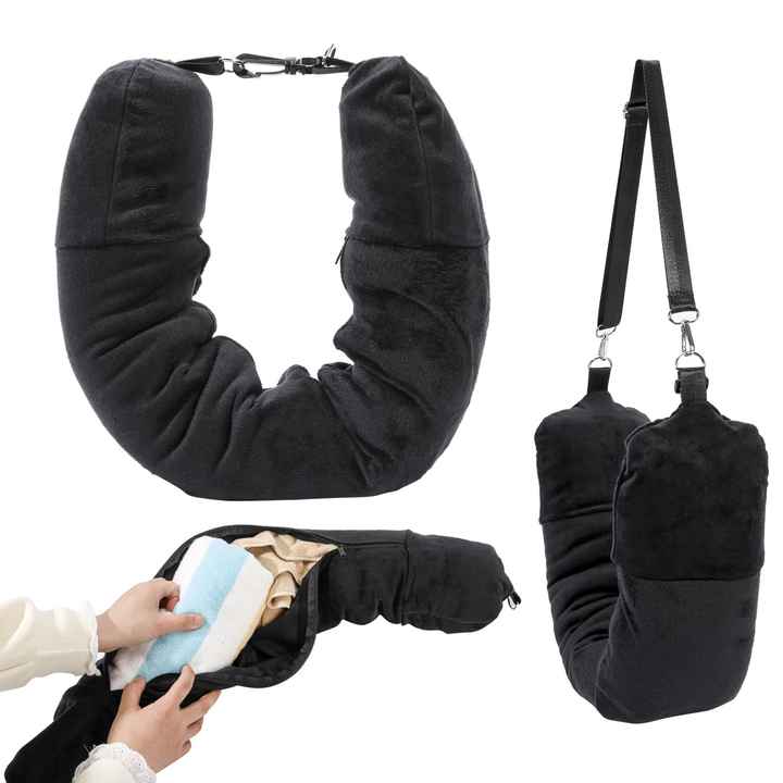 Grey Suede Portable Refillable Travel Neck Pillow with Storage Bag -Lightweight and Compact for Airplane, V888-ELOSUNG17216