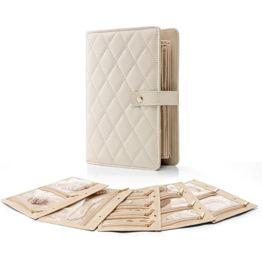 1 Piece Beige Luxury Leather Loose-Leaf Jewelry Organizer - Portable Large-Capacity Storage Book for Earrings V888-ELOSUNG17274
