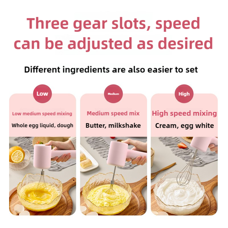 Pink Portable Electric Egg Beater with 3-Speed Adjustment, Dual Whisks, and Type-C Charging V888-ELOSUNG17304