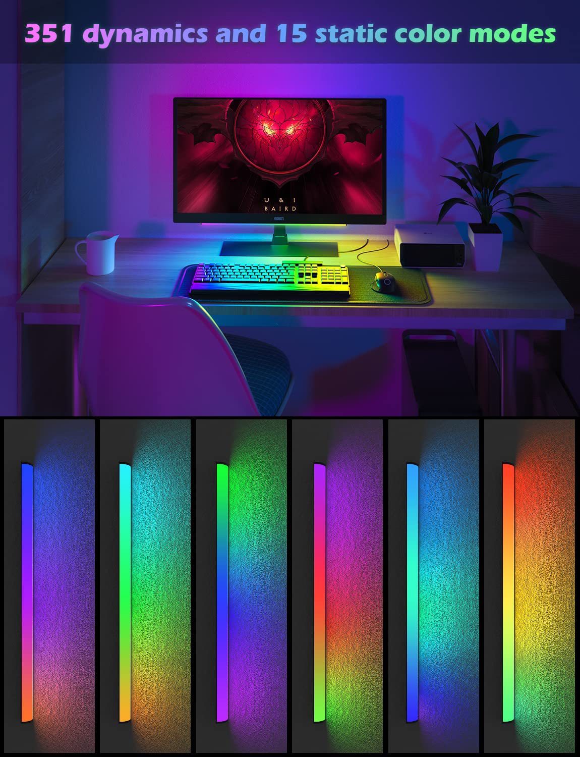 2 Pcs RGB LED Gaming Light Bar - Dual Color Temperature & Adjustable RGB Effects, USB-Powered Backlight for V888-ELOSUNG17332