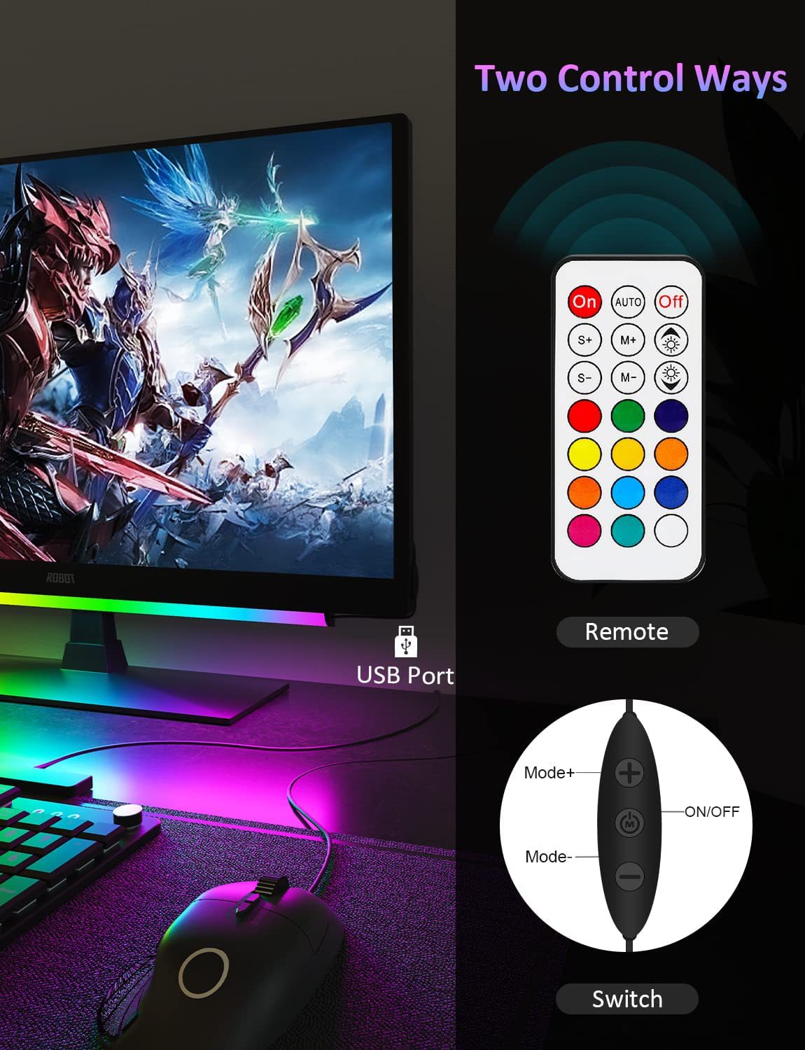 2 Pcs RGB LED Gaming Light Bar - Dual Color Temperature & Adjustable RGB Effects, USB-Powered Backlight for V888-ELOSUNG17332