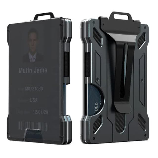 1 Pcs Black Premium RFID Blocking Aluminum Alloy ID Badge Holder with Transparent Card Slot & Money Clip V888-ELOSUNG17362