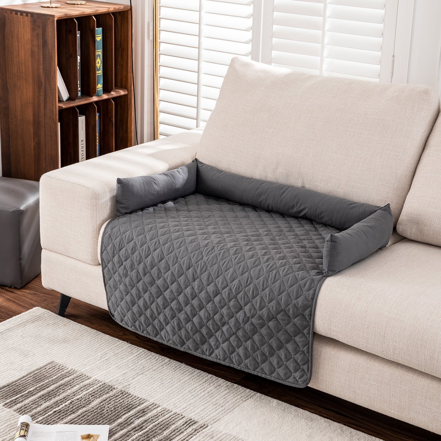 75*75CM Grey Waterproof & Scratch-Resistant Pet Sofa Protector Mat with Pillow | Cat & Dog Bed, Washable, V888-ELOSUNG17392