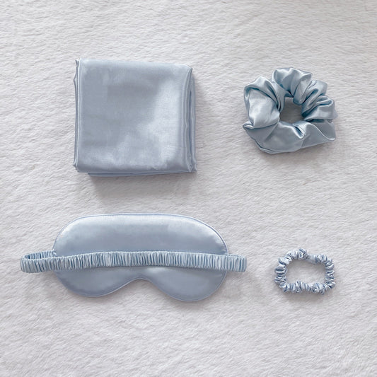 Light Gold Luxury Faux Silk Sleep Gift Set - 4-Piece Eye Mask, Pillowcase & Scrunchies for Relaxation & V888-ELOSUNG17434