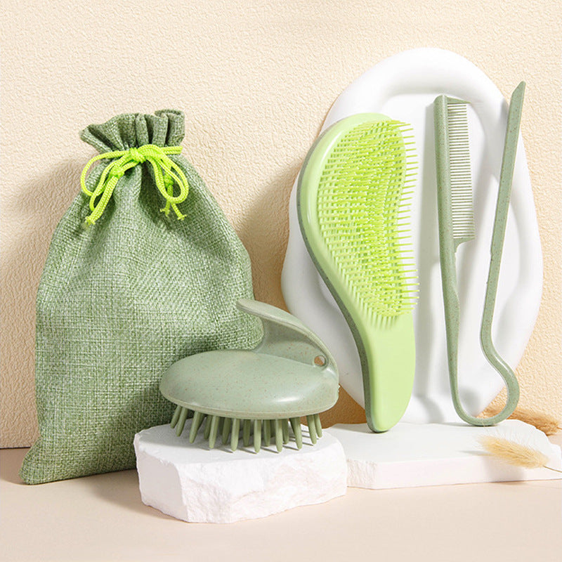 2 Pcs Green Eco-Friendly Wheat Straw Hair Care Set - Massage Brush, Detangling Comb, and V-shaped Comb for V888-ELOSUNG17440