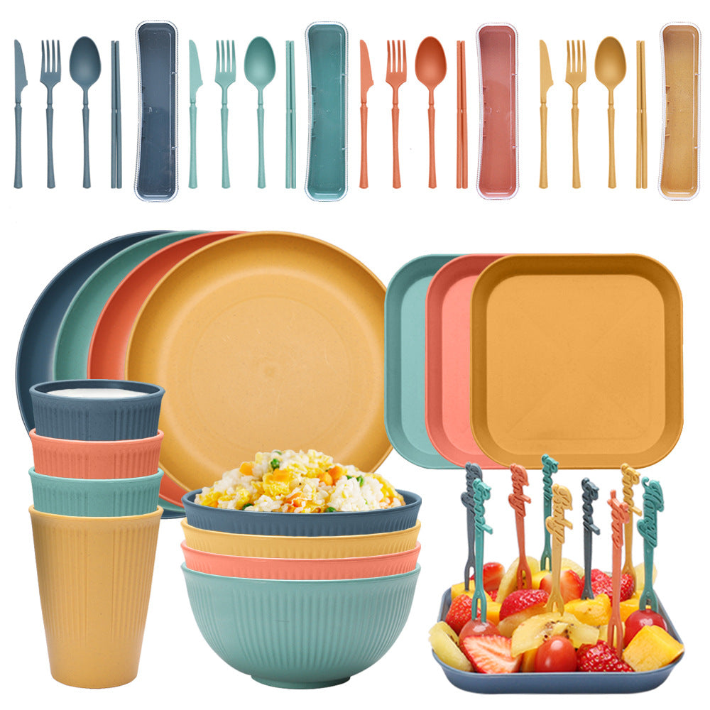 Four-person Set Multicolor Eco-Friendly Wheat Straw Dinnerware Set, Plate, Bowl, Cup & Utensil Set - V888-ELOSUNG17614