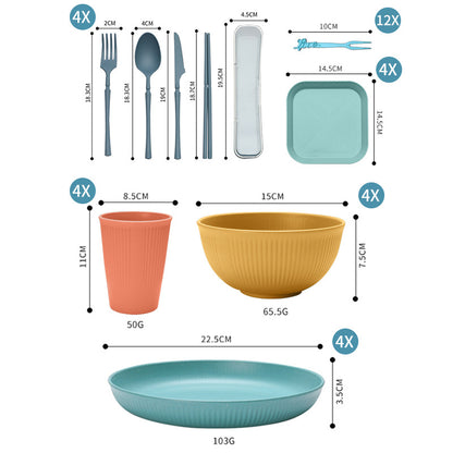 Four-person Set Multicolor Eco-Friendly Wheat Straw Dinnerware Set, Plate, Bowl, Cup & Utensil Set - V888-ELOSUNG17614