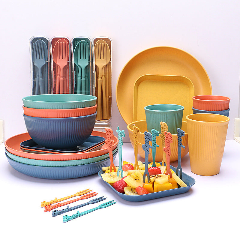 Four-person Set Multicolor Eco-Friendly Wheat Straw Dinnerware Set, Plate, Bowl, Cup & Utensil Set - V888-ELOSUNG17614