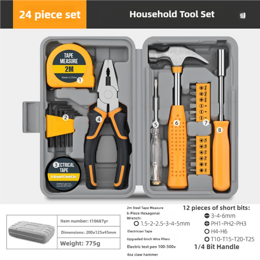 Yellow 24-Piece Household Tool Set, Complete Home Repair Kit with Tape Measure, Pliers, Screwdrivers, Hammer, V888-ELOSUNG17627