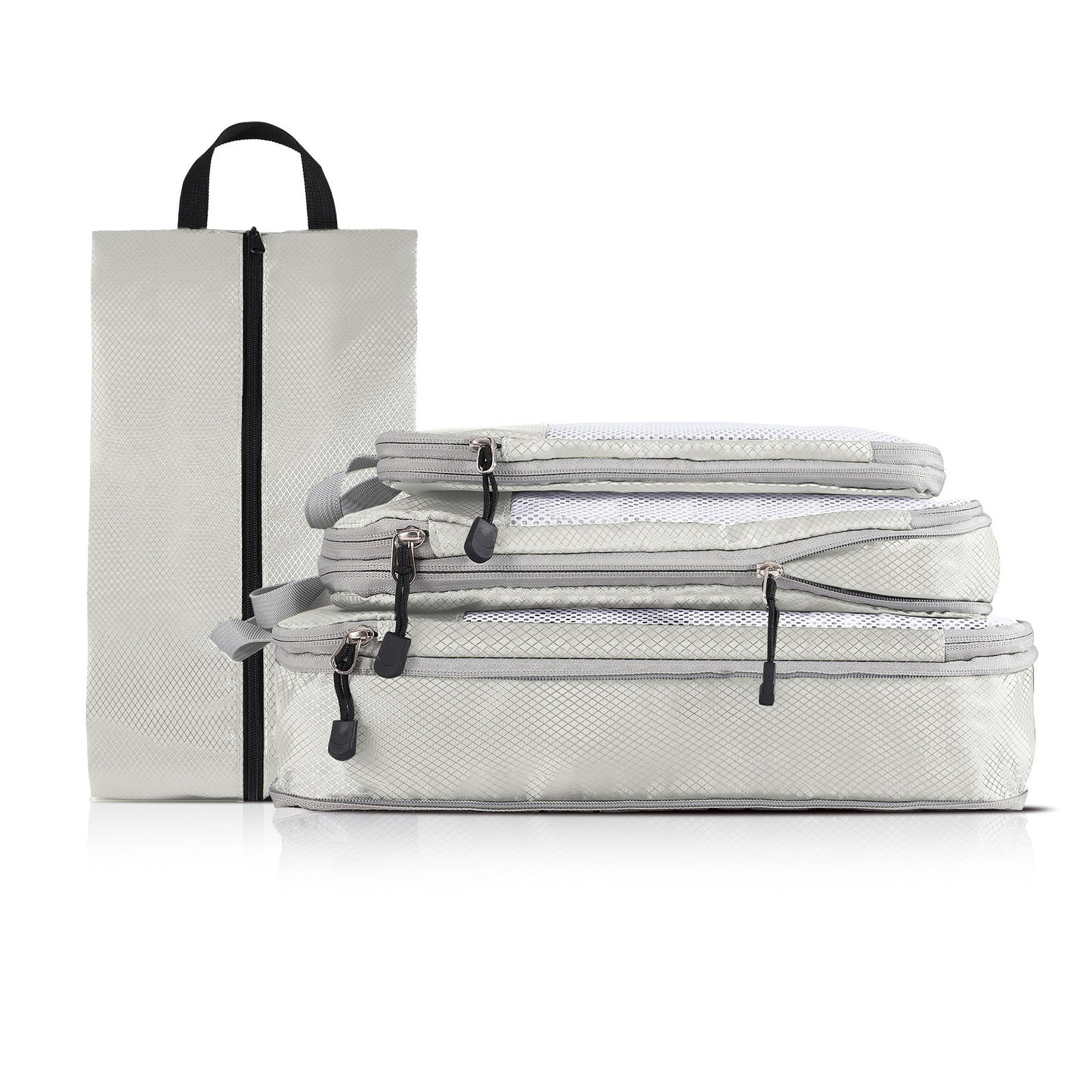 4-piece Set Beige Compression Travel Storage Bags Set, Mesh Travel Organizers for Luggage, Foldable and V888-ELOSUNG17648