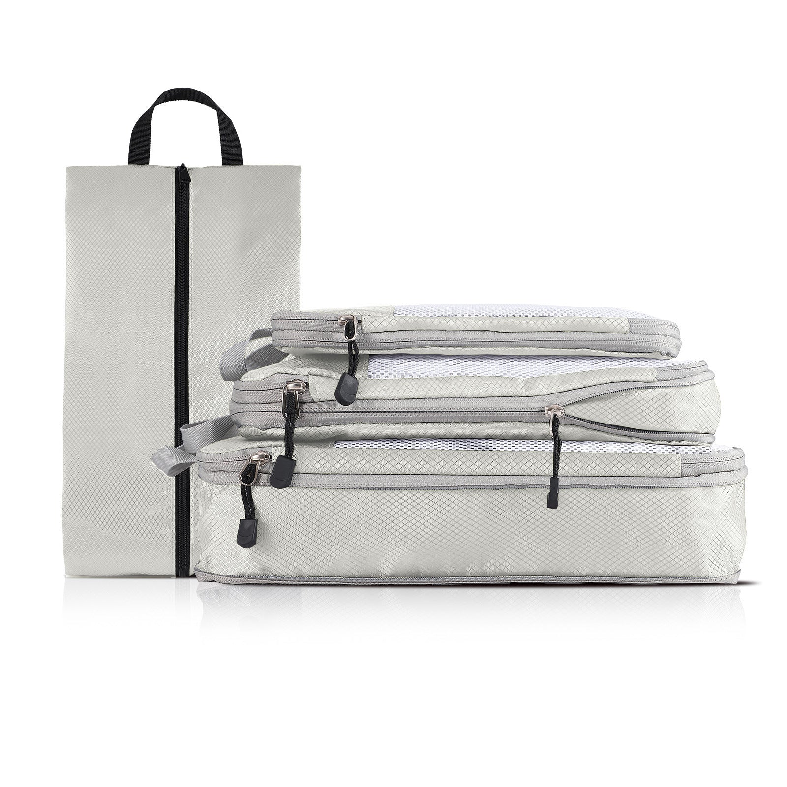 4-piece Set Beige Compression Travel Storage Bags Set, Mesh Travel Organizers for Luggage, Foldable and V888-ELOSUNG17648