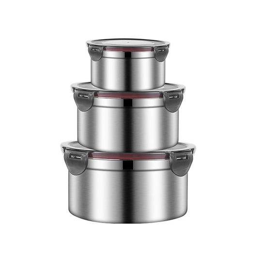 Brown 3-Piece 304 Stainless Steel Food Storage Set with Leak-Proof Lids - Round Design for Fridge and Meal V888-ELOSUNG17701