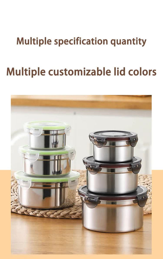 Brown 3-Piece 304 Stainless Steel Food Storage Set with Leak-Proof Lids - Round Design for Fridge and Meal V888-ELOSUNG17701